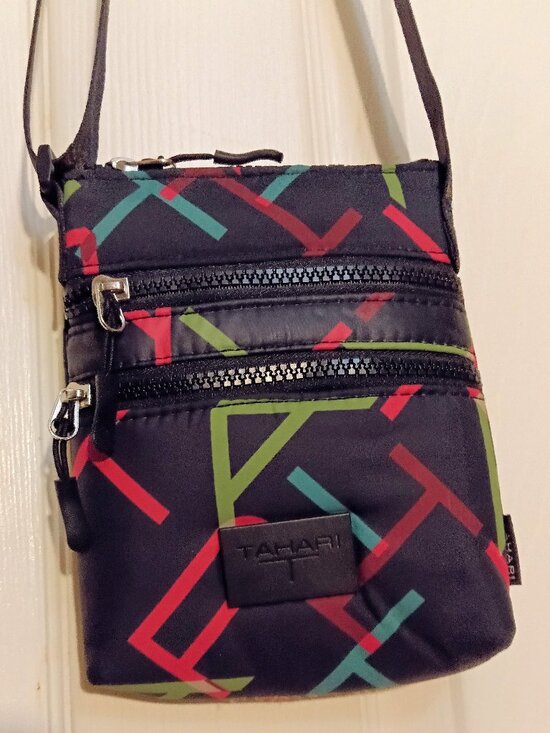 Tahari Handbags - Tahari Triple Zip Crossbody Bag - Black Geometric Print